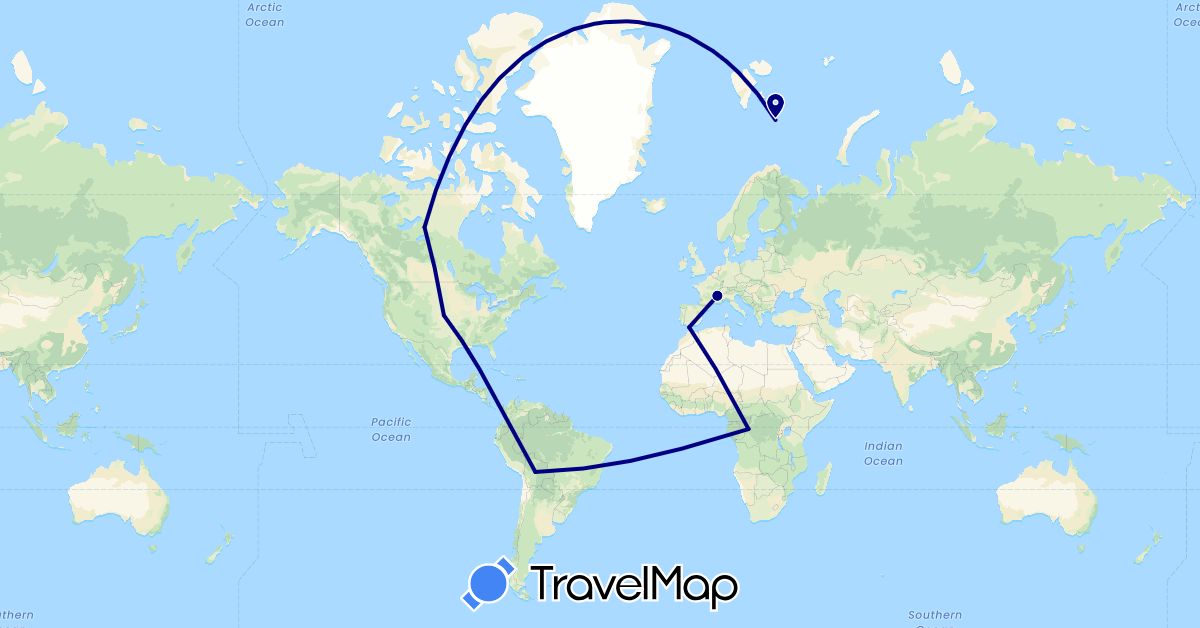 TravelMap itinerary: driving in Bolivia, Canada, Democratic Republic of the Congo, France, Gibraltar, United States (Africa, Europe, North America, South America)